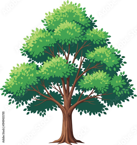 Vibrant green deciduous tree with a sturdy brown trunk detailed branches and lush foliage depicted in a clean stylized graphic illustration symbolizing nature growth and organic