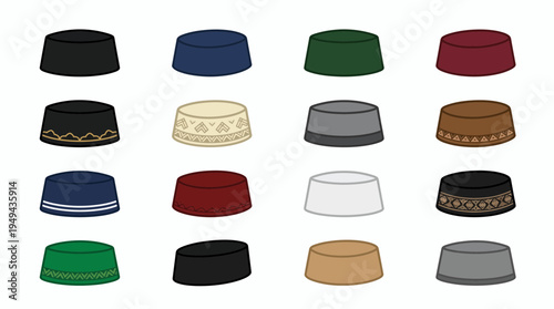 Set of colorful traditional Indonesian peci caps with varied patterns, concept for cultural heritage branding, religious fashion accessories and male identity design
