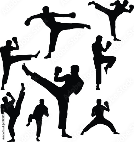 Collection of martial arts fighter silhouettes performing high kicks and boxing stances isolated on white background, dynamic kickboxing and karate training illustration set