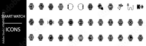 A collection of smartwatch icons in black and white