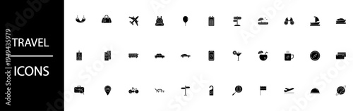 A collection of travel icons on a white background