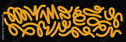 Abstract yellow scribble doodle line composition on black background. Chaotic hand drawn swirl lines forming a modern artistic pattern. Creative graffiti style element for posters, branding, 