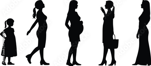 Female life stages silhouettes from girl to pregnant woman and adult isolated on white background, woman growth and aging concept illustration