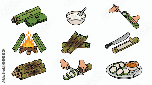 Set of bamboo rice lemang icons showing cooking preparation and serving process, concept for culinary education, traditional food blogging and cultural tourism promotion