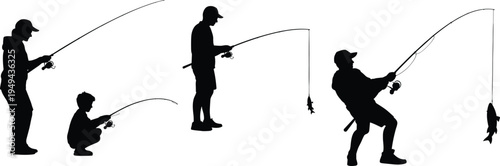 Fishing silhouettes set with anglers catching fish using rods isolated on white background, recreational fishing activity illustration collection