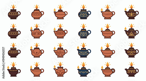 Set of flat traditional middle eastern oil lamp icons with ornamental details and burning fire, concept for cultural festival decoration, religious event celebration and islamic design element