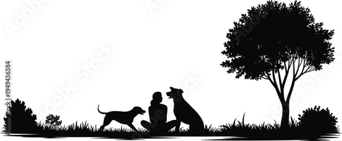 Girl sitting with two dogs under tree silhouette isolated on white background, pet friendship and outdoor nature scene illustration