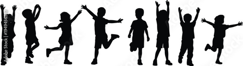 Happy children silhouettes jumping and playing with raised arms isolated on white background, kids fun activity and childhood joy illustration set