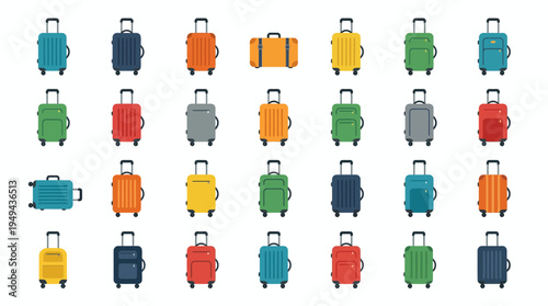 set of diverse colorful travel suitcases and luggage icons in flat vector style, concept for vacation planning, airport logistics and global business travel
