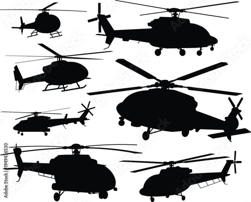 Helicopter silhouettes collection with military and rescue chopper aircraft isolated on white background, aviation transport helicopter illustration set for aviation design