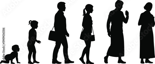 Human life stages silhouettes from baby to elderly adult isolated on white background, growing up and aging concept illustration set