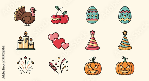Holiday icons turkey eggs pumpkins fireworks