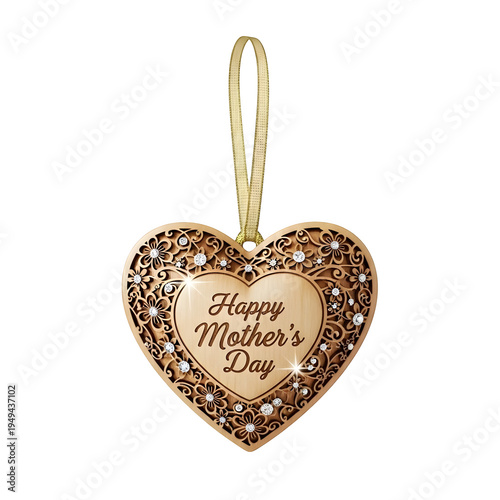 Golden heart shaped happy mothers day ornament with rhinestones isolated on transparent background