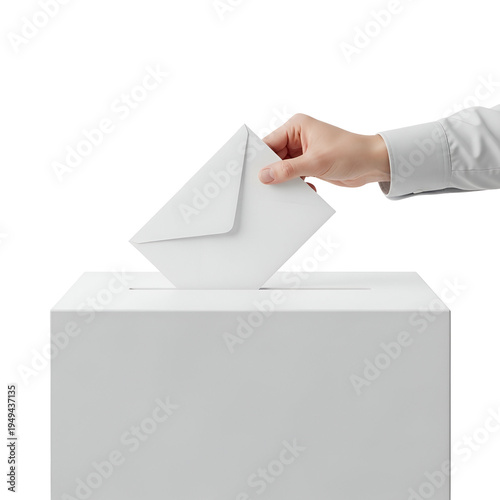 A hand putting a ballot into a white mailbox isolated on transparent background