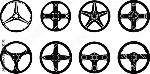 Car wheel rim icons set, automotive alloy wheels collection, vehicle tire rim design symbols, auto parts vector illustration