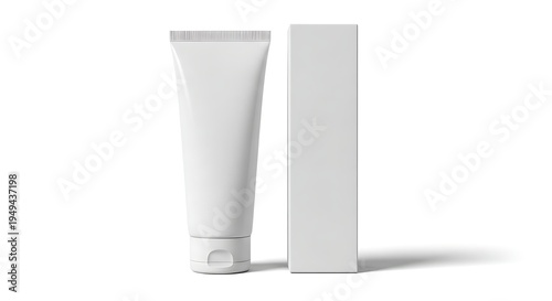 White squeeze tube and packaging box on white background for cosmetic or medical products.