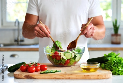 Person tossing fresh green salad in glass bowl with wooden spoons. This vibrant food photography is perfect for healthy eating and vegan themes.