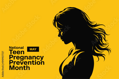 National Teen Pregnancy Prevention Month Awareness Poster with Silhouette of Young Woman Profile on Bright Yellow Background for Social Advocacy