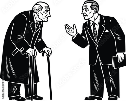 Senior man with cane talking to businessman illustration, elderly conversation scene, generational discussion vector character design