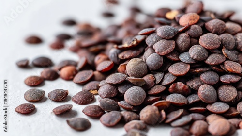 Brown lentils sit on a white table, shown up close.