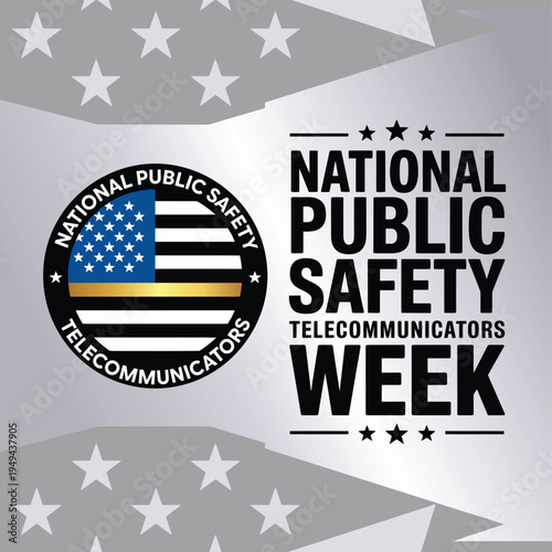 National Public Safety Telecommunicators Week Promotional Badge Logo with Thin Gold Line Flag Graphic for Dispatcher Honor and Awareness