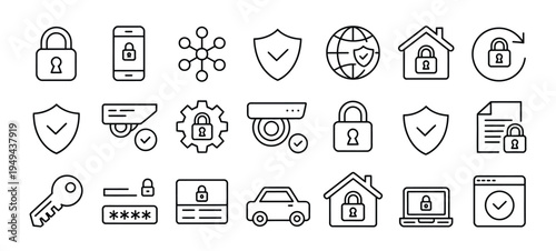 Safety, Protection and Security Outline Icon Set, Editable Stroke Flat Vector Icons Isolated on White Background, Cybersecurity, Shield, Lock, Privacy and Risk Prevention Symbols for Apps, Web and UI 