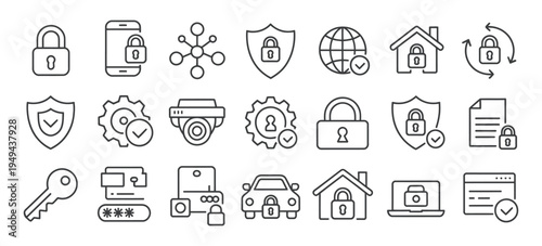 Safety, Protection and Security Outline Icon Set, Editable Stroke Flat Vector Icons Isolated on White Background, Cybersecurity, Shield, Lock, Privacy and Risk Prevention Symbols for Apps, Web and UI 