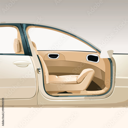Car interior illustration showing door open and empty seats