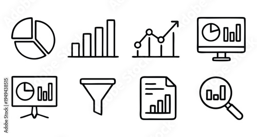 Data Analytics and Multimedia Content Creation Icon Set: Business Growth Charts, Video Editing, and Digital Marketing Tools