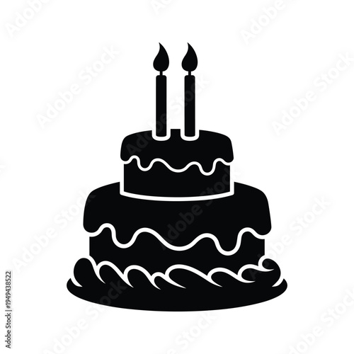 Simple Black Silhouette of a Two-Tiered Birthday Cake with Two Candles, Isolated on White Background