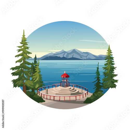 Scenic lake landscape with gazebo surrounded by trees and mountains in the background