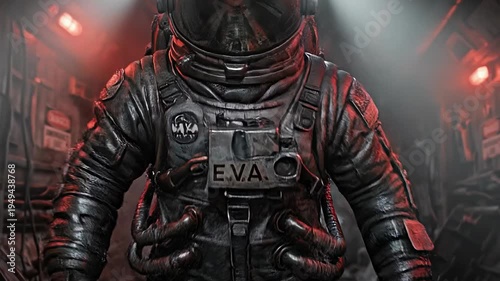 An astronaut walks through a dimly lit space station filled with red lights and smoke