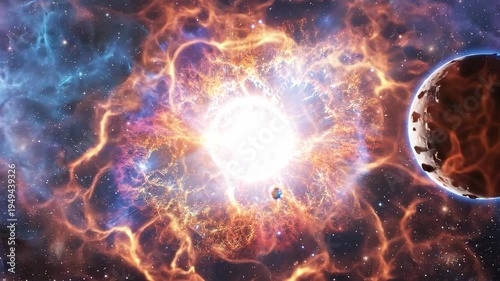 A star explodes in space, sending out bright energy waves