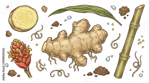 Ginger root surrounded by sliced ginger, leaf, bamboo, and flower on a surface with water droplets.