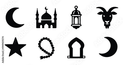 Islamic Festival Icon Set for Ramadan and Eid al-Adha 2026: Mosque, Lantern, Qurbani Goat, and Religious Symbols