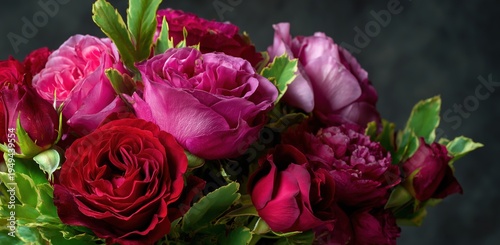 close-up of pink and red roses with green leaves, placed on a black background the bouquet includes several flowers in various shades of magenta, including some that have dark petals Generative AI