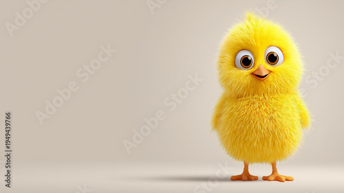 Cute fluffy chick with big eyes on a light background. Cute cartoon character, concept of Easter, spring and children's joy. 3D illustration with copyspace.