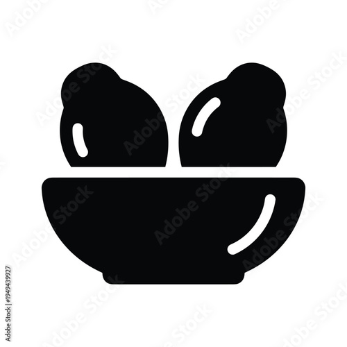 Simple black icon of two dates in a bowl, representing healthy snacks, desserts, or Middle Eastern cuisine concepts.