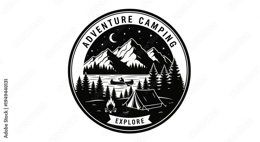 Obraz premium Adventure Camping Explore Nature Mountains Lake Forest Tent Campfire Night Sky Stars