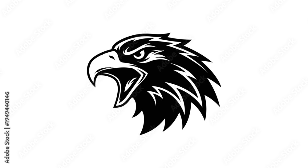 Fototapeta premium Aggressive Eagle Head Silhouette, Fierce Bird of Prey Emblem, Wildlife Symbol