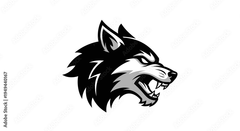 Fototapeta premium Aggressive Wolf Head Logo, Fierce Animal Mascot, Black and White Vector Art
