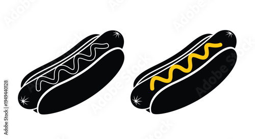 Two hot dog illustrations one negative one with yellow mustard