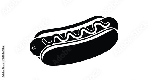 A simple black and white illustration of a classic hot dog