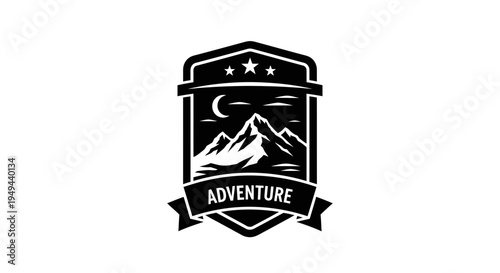 Adventure Emblem with Mountains, Moon, and Stars