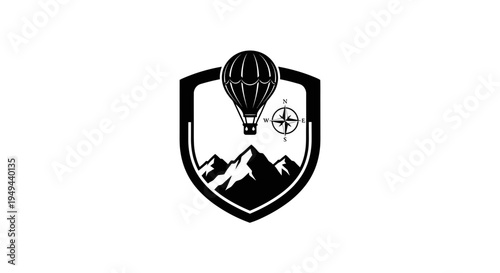 Adventure Emblem: Hot Air Balloon, Mountains, Compass, Shield Logo