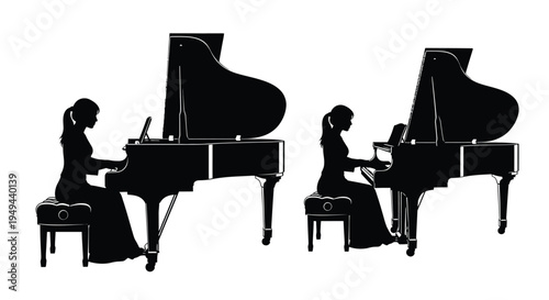 Two silhouetted pianists perform at grand pianos in a stark setting