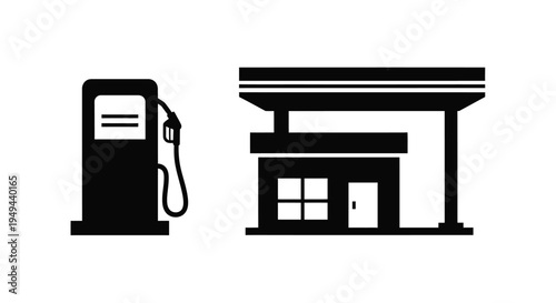 Simple black and white icons of a gas pump and station building