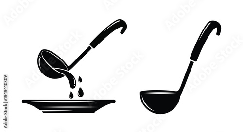 Black and white illustration of a ladle pouring into a dish