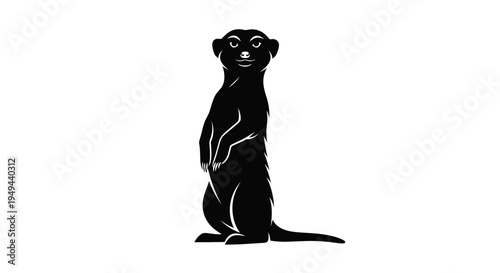 Black Silhouette of a Meerkat Standing Alert on White Background