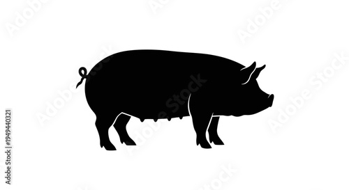 Black silhouette of a pig standing on a white background, farm animal illustration